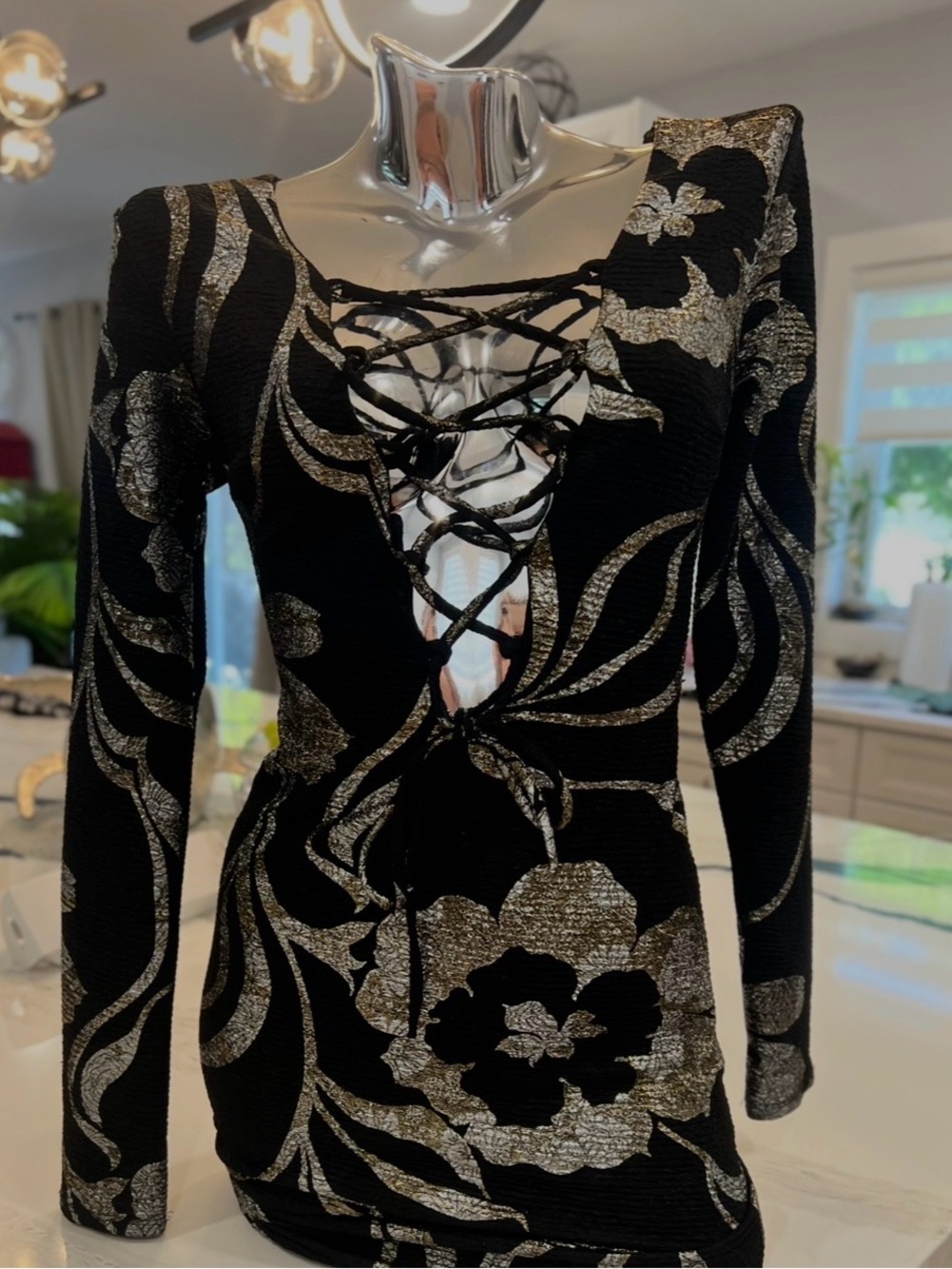 Windsor Black Long-Sleeve Lace-Up Dress with Silver Floral Metallic